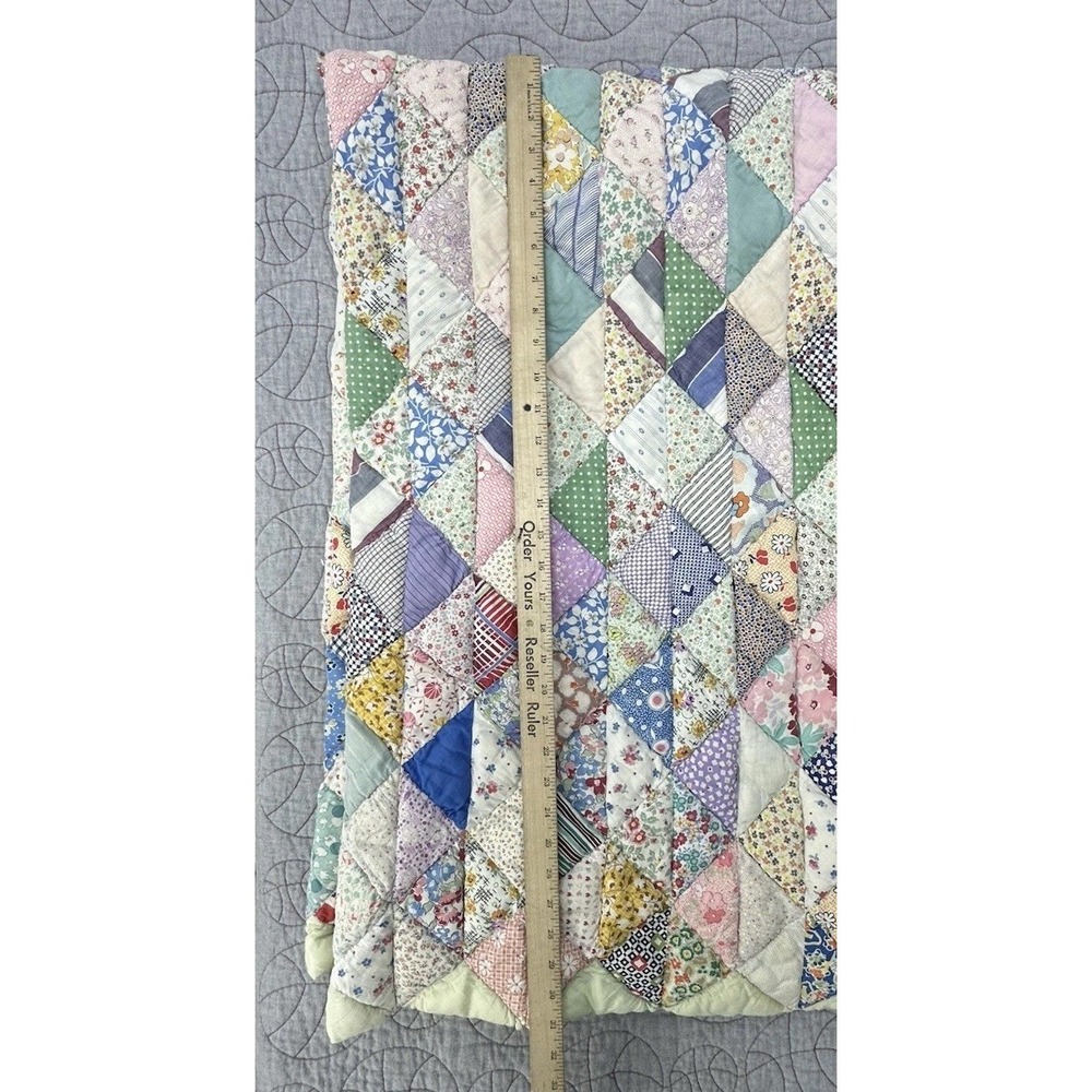 Vintage Handmade Patchwork Quilt Floral Feedsack Style Diamond Scrap Pastel - Picture 11 of 11